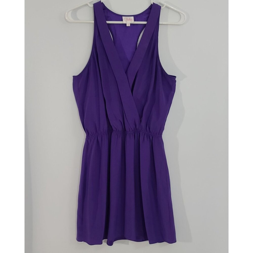 Parker Silk Racerback Mini Dress Surplice Neckline Elastic Waist Purple Medium